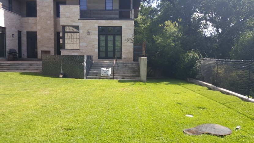 A backyard with grass and a fence.